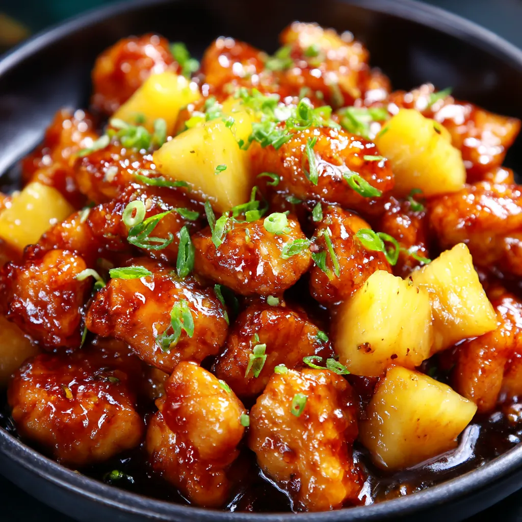 A bowl of brown sugar pineapple chicken.