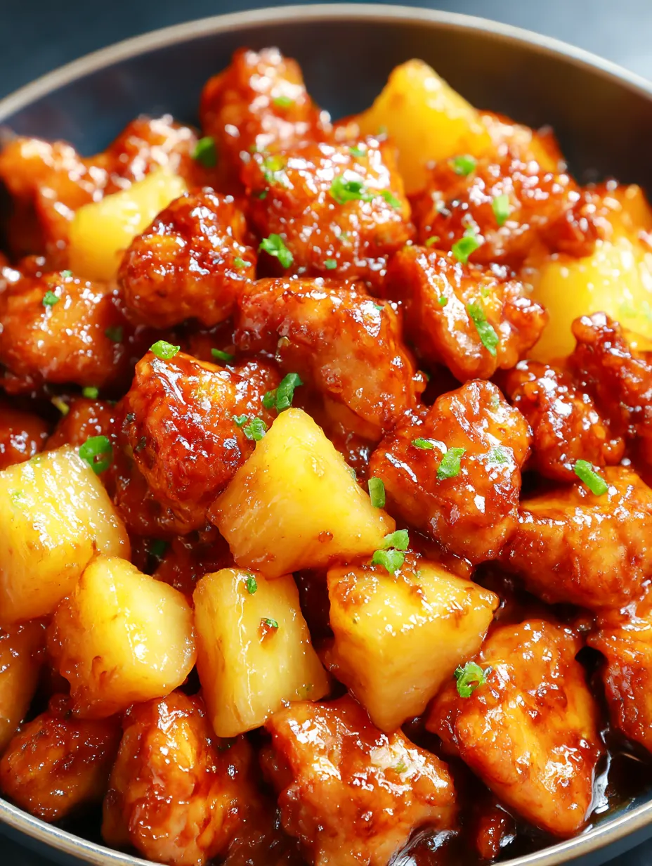 A close up of a dish with brown sugar pineapple chicken.