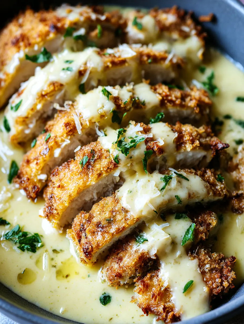Parmesan crusted chicken with Alfredo.