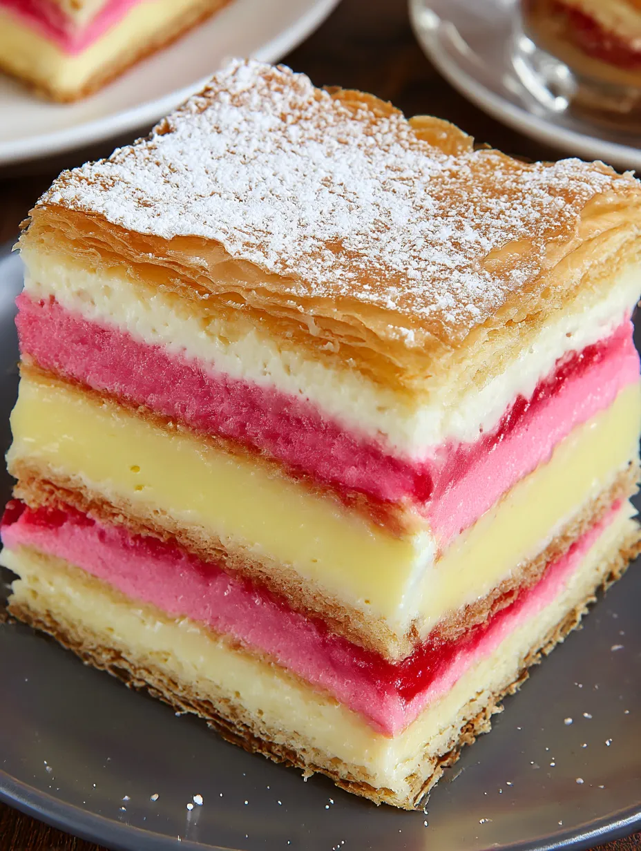 A slice of cake with white frosting and pink frosting.