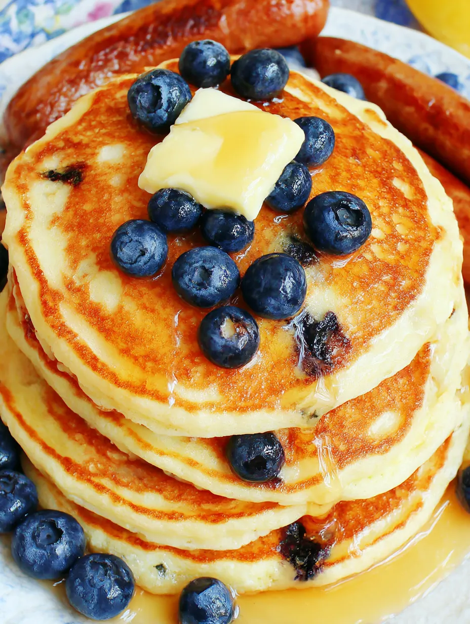 A stack of pancakes with blueberries and butter on top.