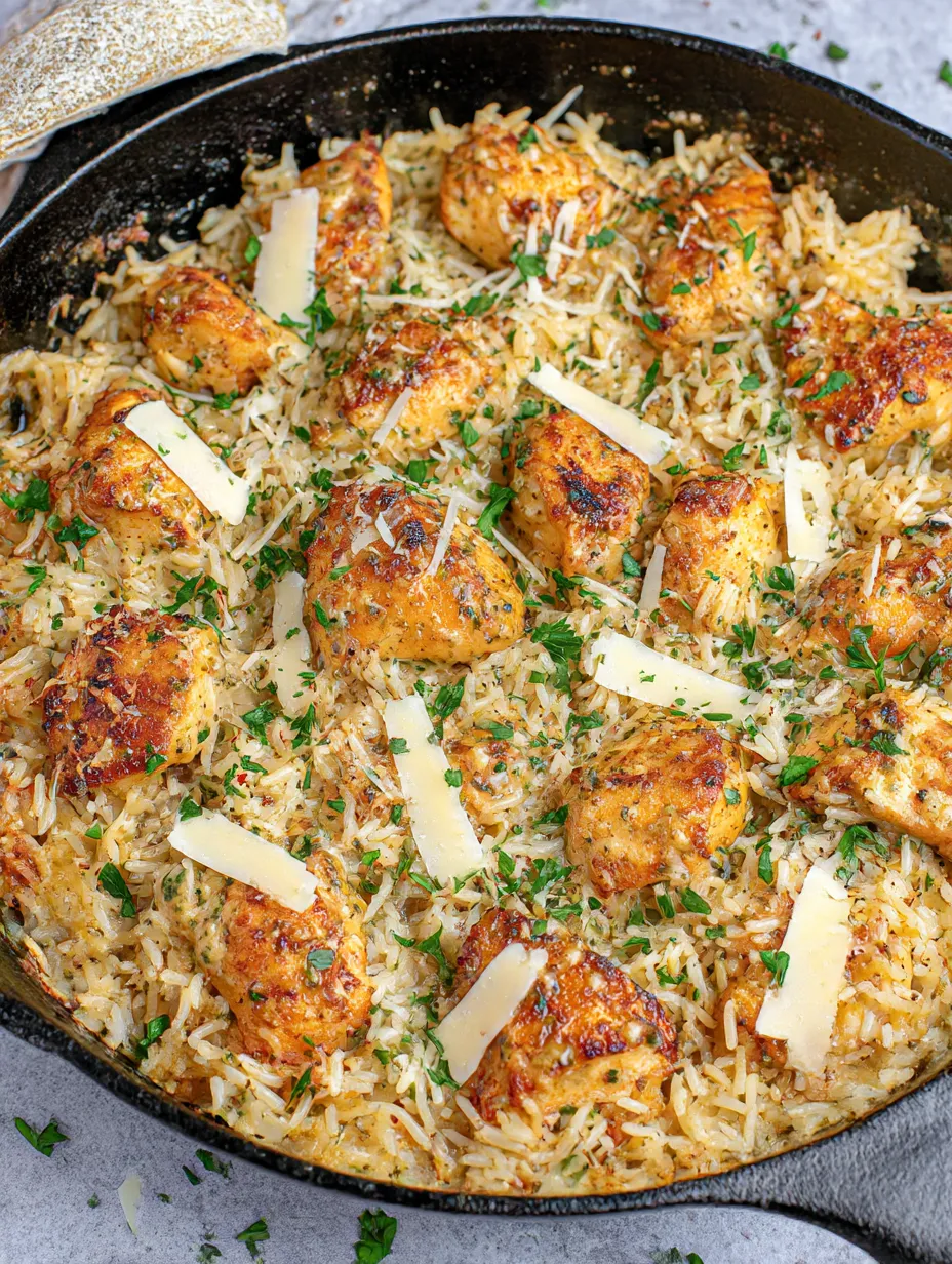 A delicious one-pan garlic Parmesan chicken and rice dish.