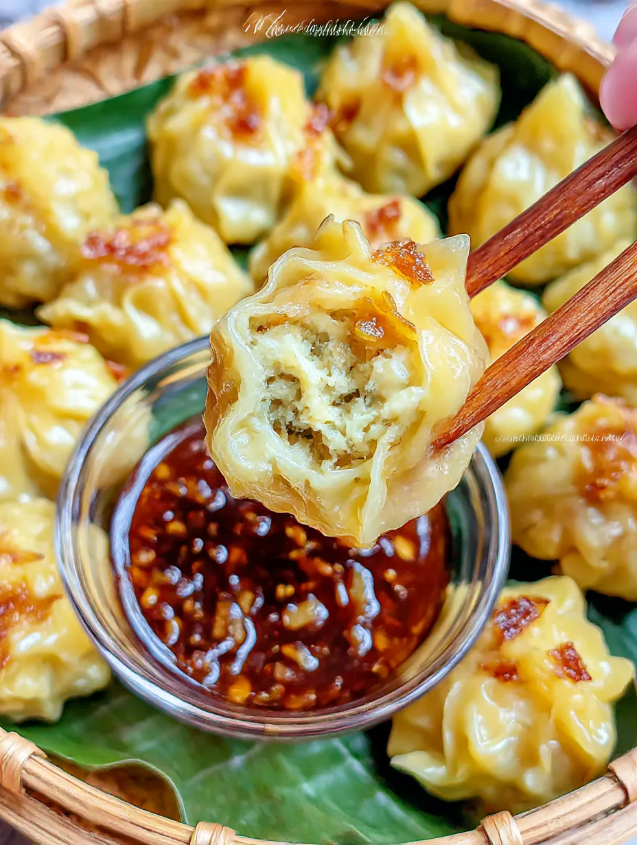 A person is eating a dumpling with sauce.