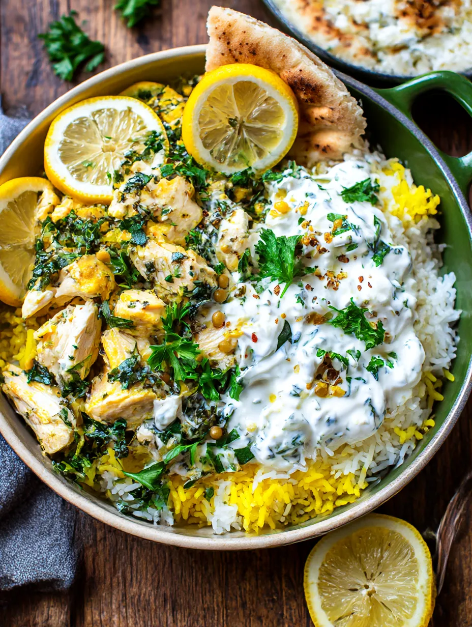 A bowl of food with rice, chicken, and lemon wedges.