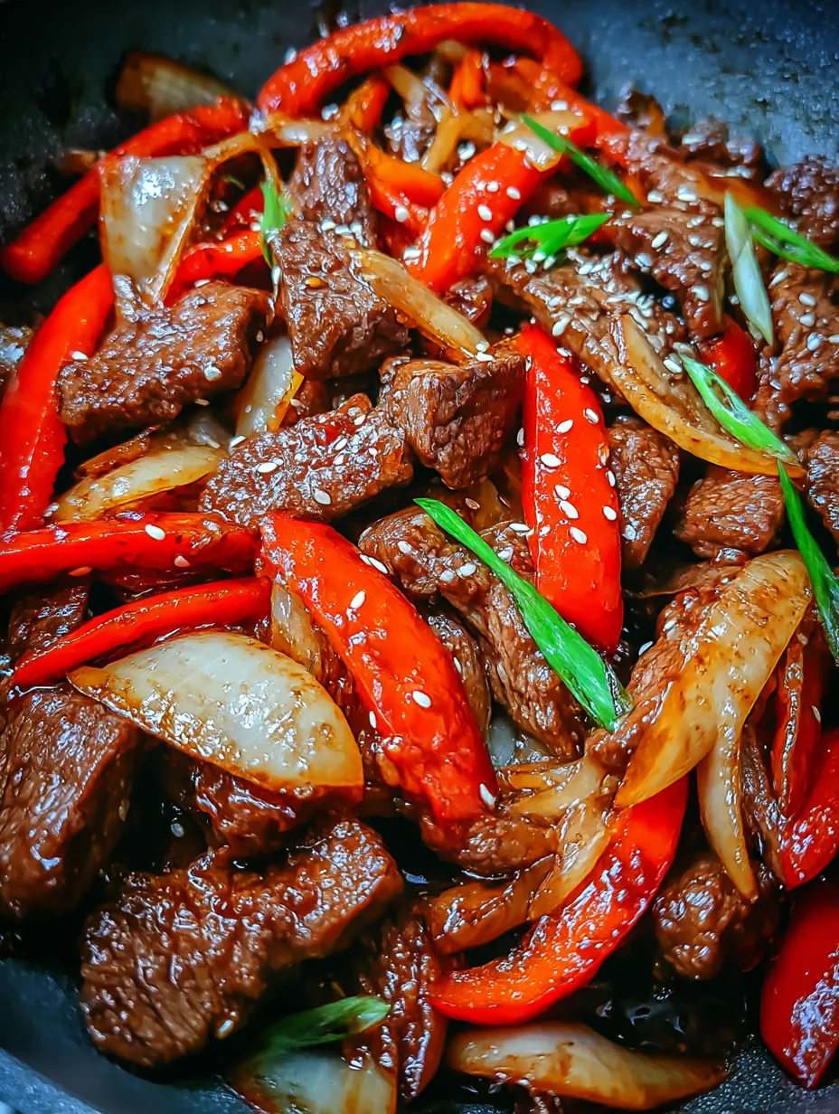A close up of a delicious stir fry with onions and peppers.