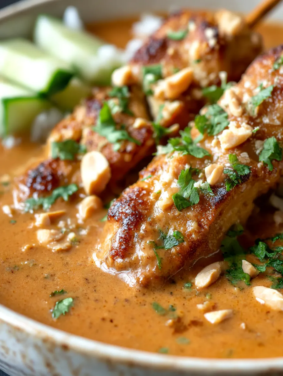 A plate of Thai chicken satay with peanut sauce.