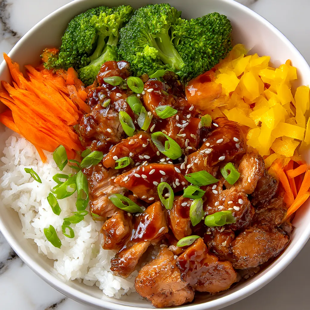 A bowl of food with rice, chicken, and broccoli.
