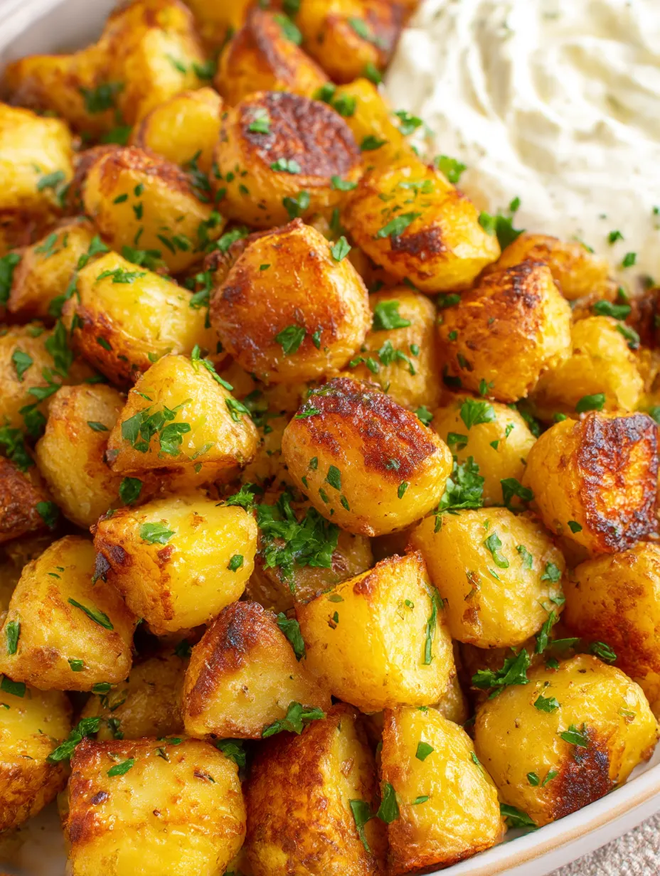 A dish of roasted potatoes with whipped feta.
