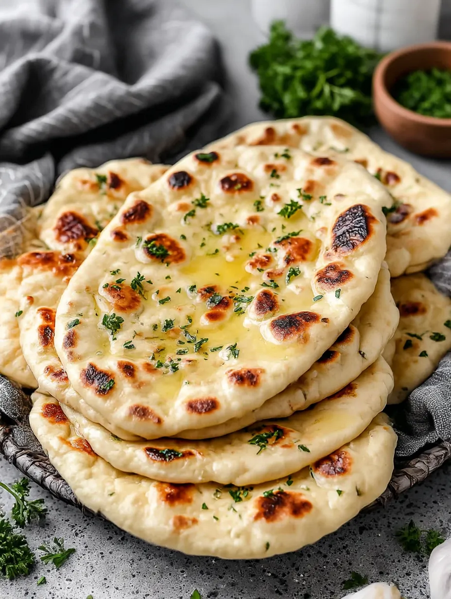 A stack of garlic naan bread.