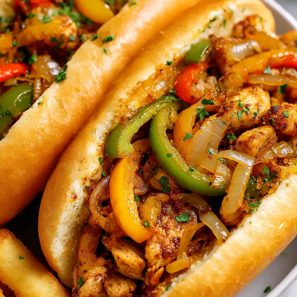 Two chicken cheese steak sandwiches with peppers and onions.