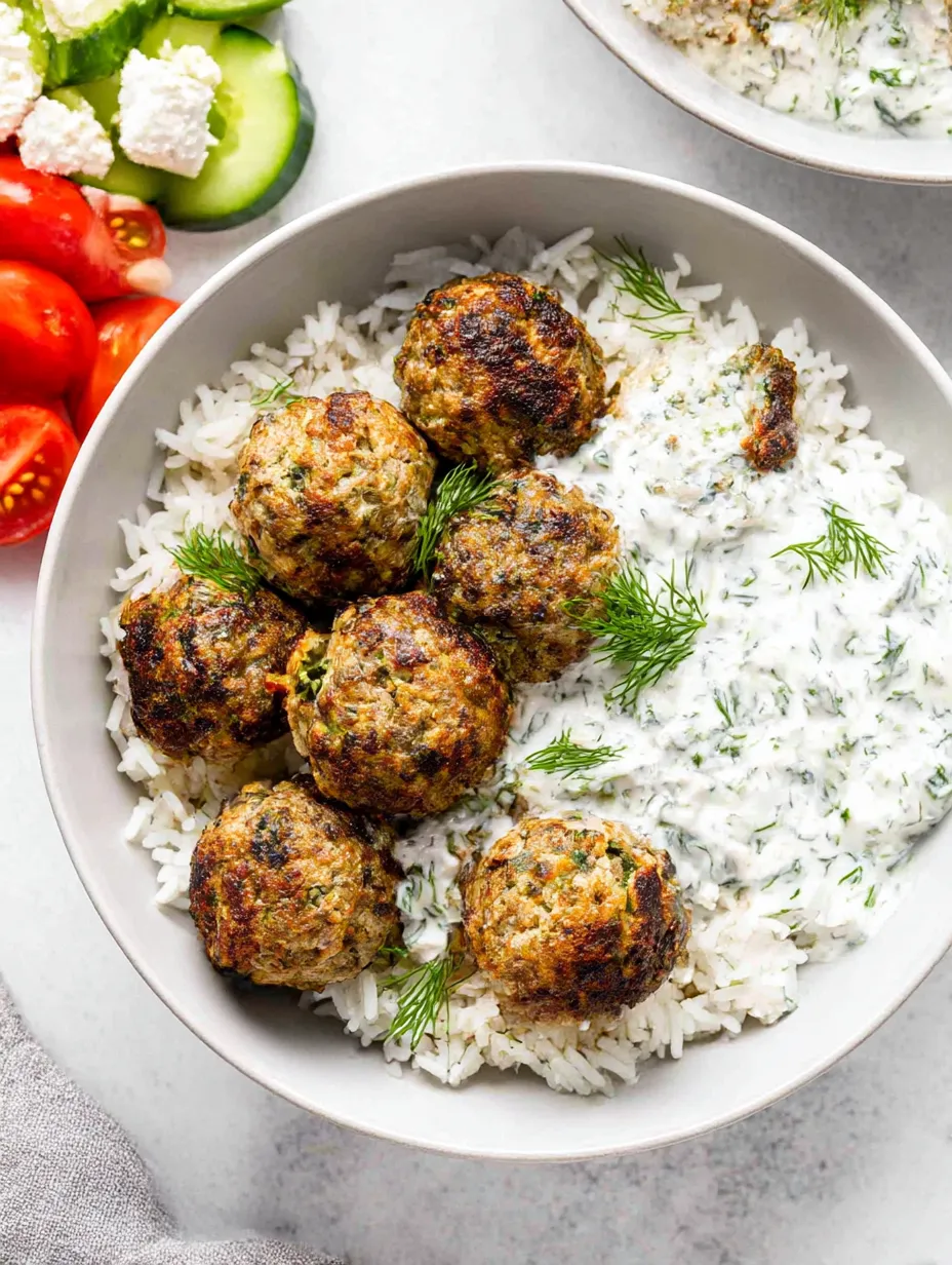 A bowl of rice with meatballs and vegetables.
