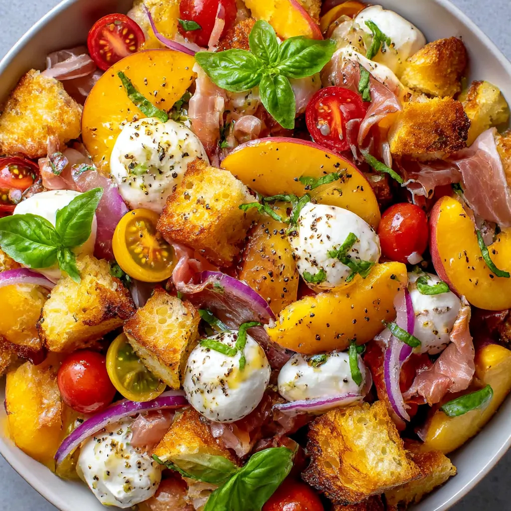 A bowl of food with tomatoes, cheese, and basil.