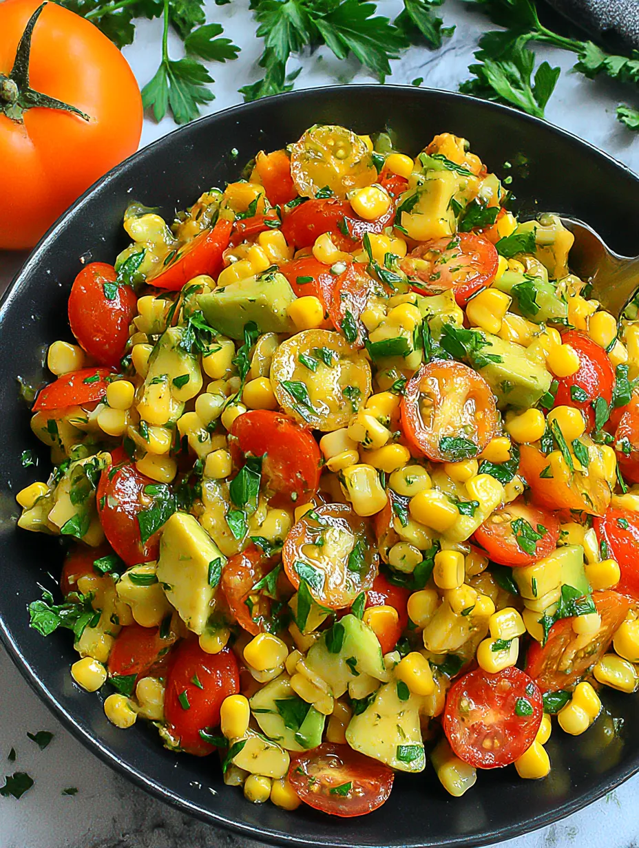 A bowl of corn, tomato, and avocado salad.