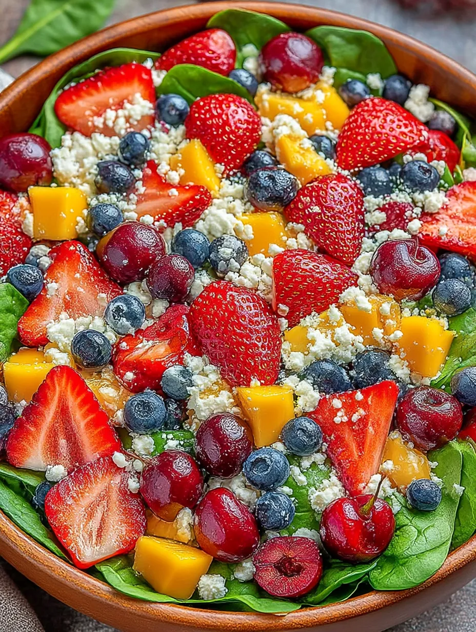 A colorful salad with strawberries, blueberries, and other fruits.
