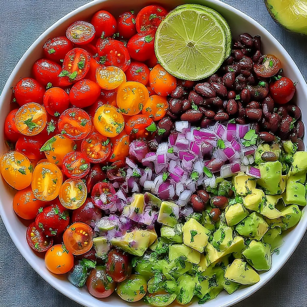 A bowl of colorful vegetables including tomatoes, onions, limes, and avocados.