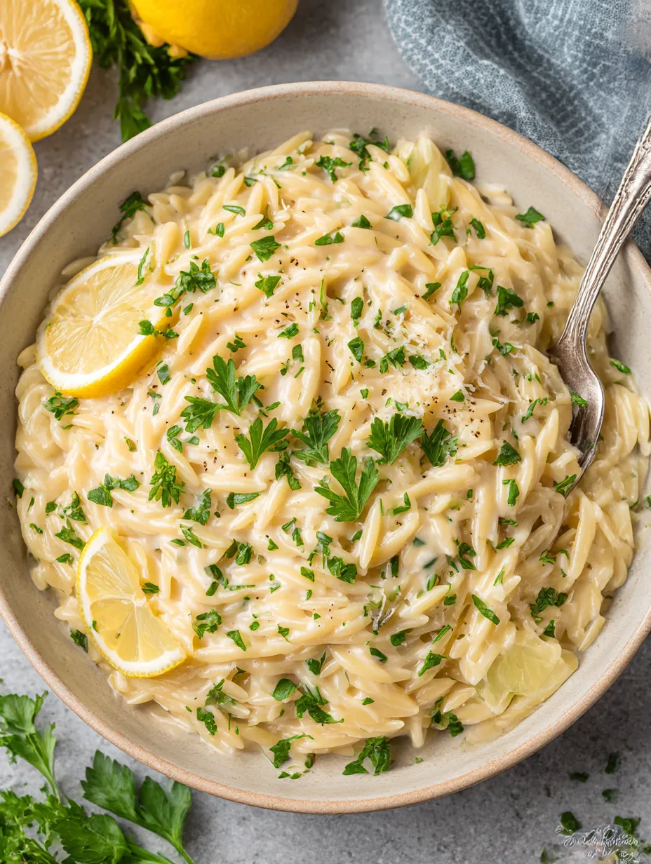 A bowl of pasta with lemon and herbs.
