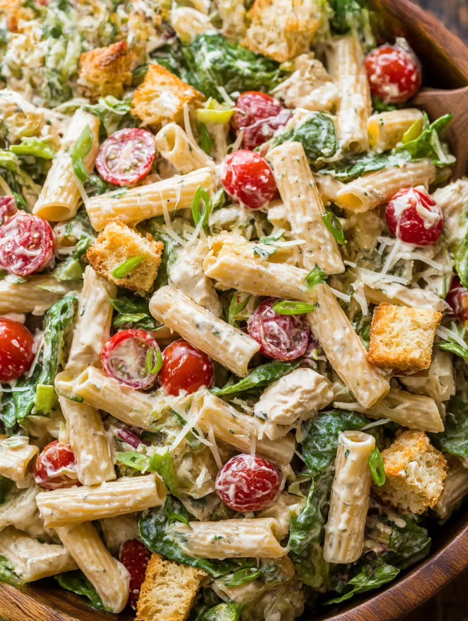 A bowl of chicken caesar pasta salad.