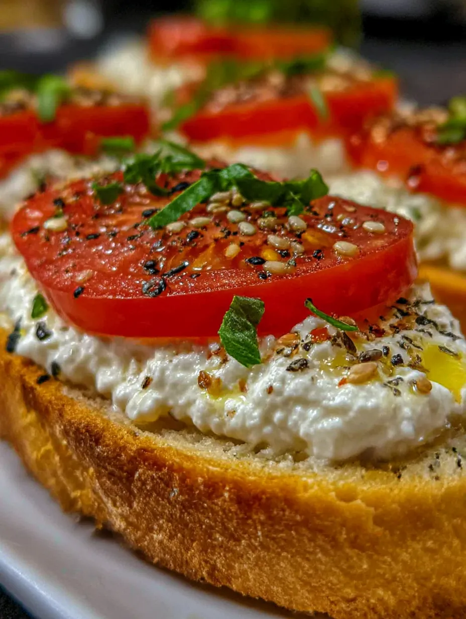 A slice of toast with ricotta cheese and tomatoes.