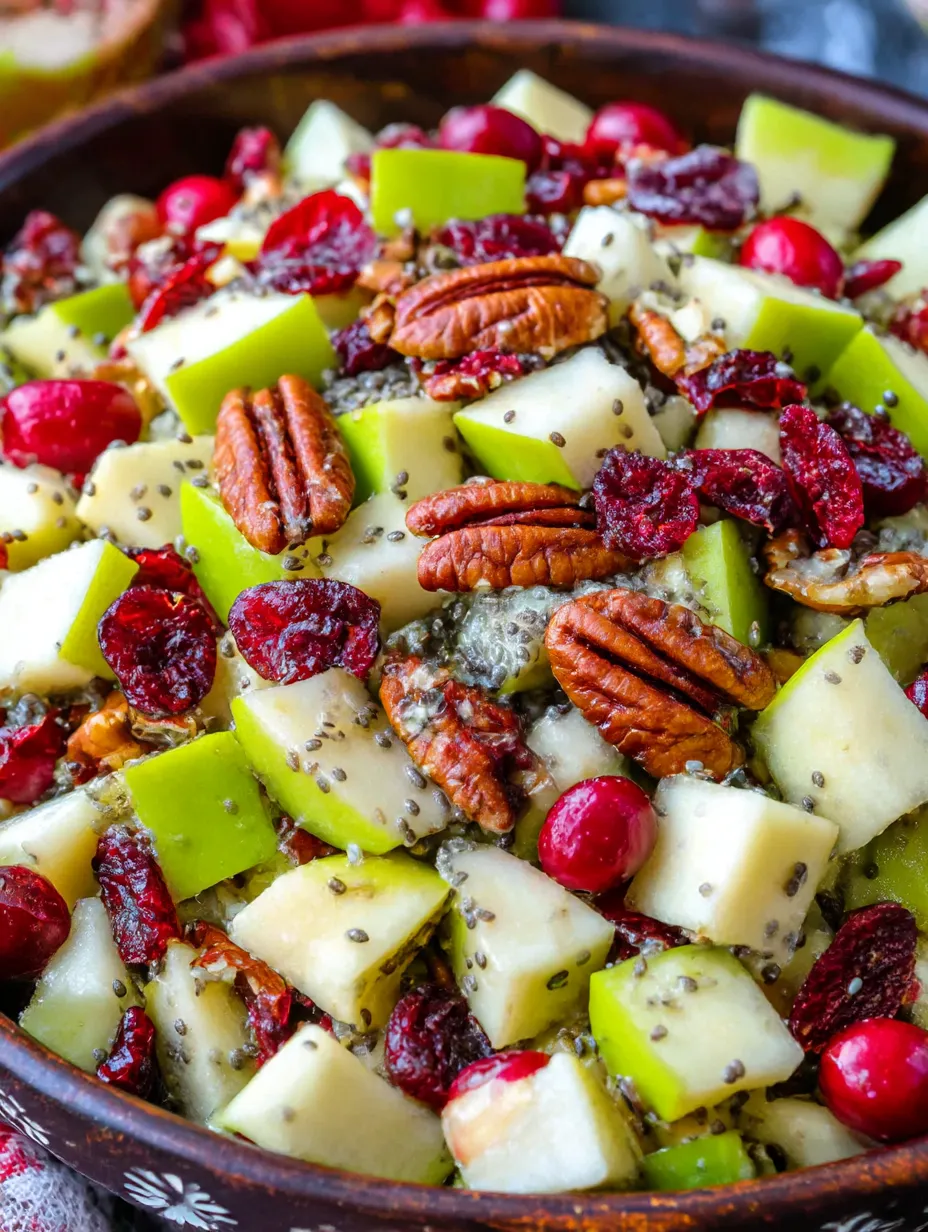 A bowl of apple salad with nuts and cranberries.