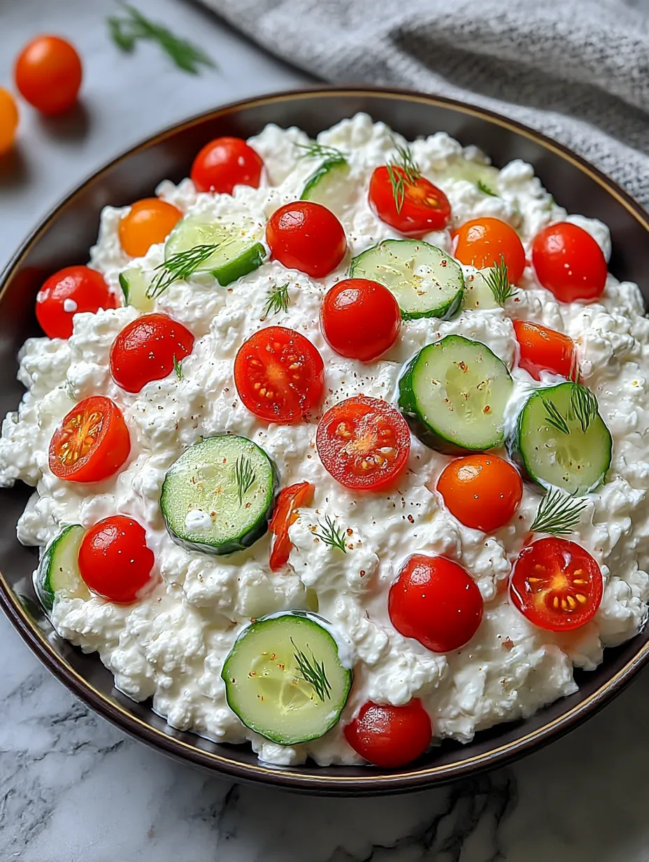 A bowl of cottage cheese with tomatoes and cucumbers.
