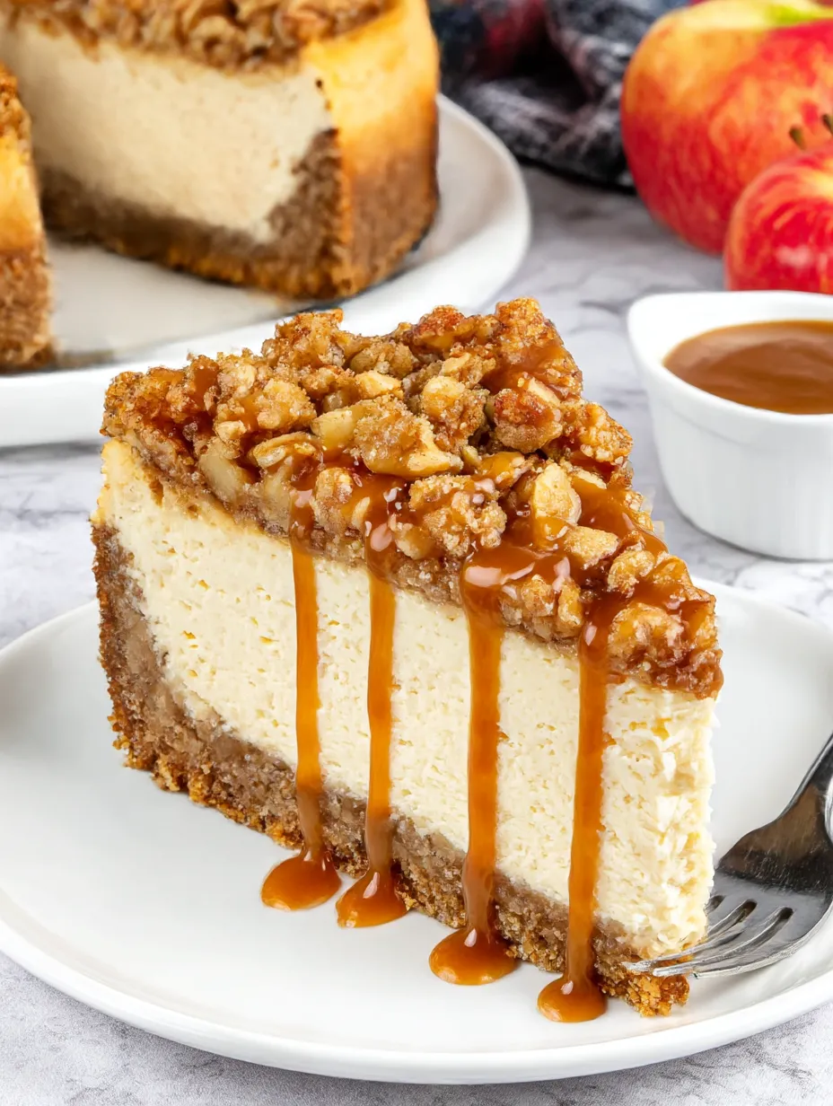 A slice of apple crisp cheesecake with caramel drizzle.