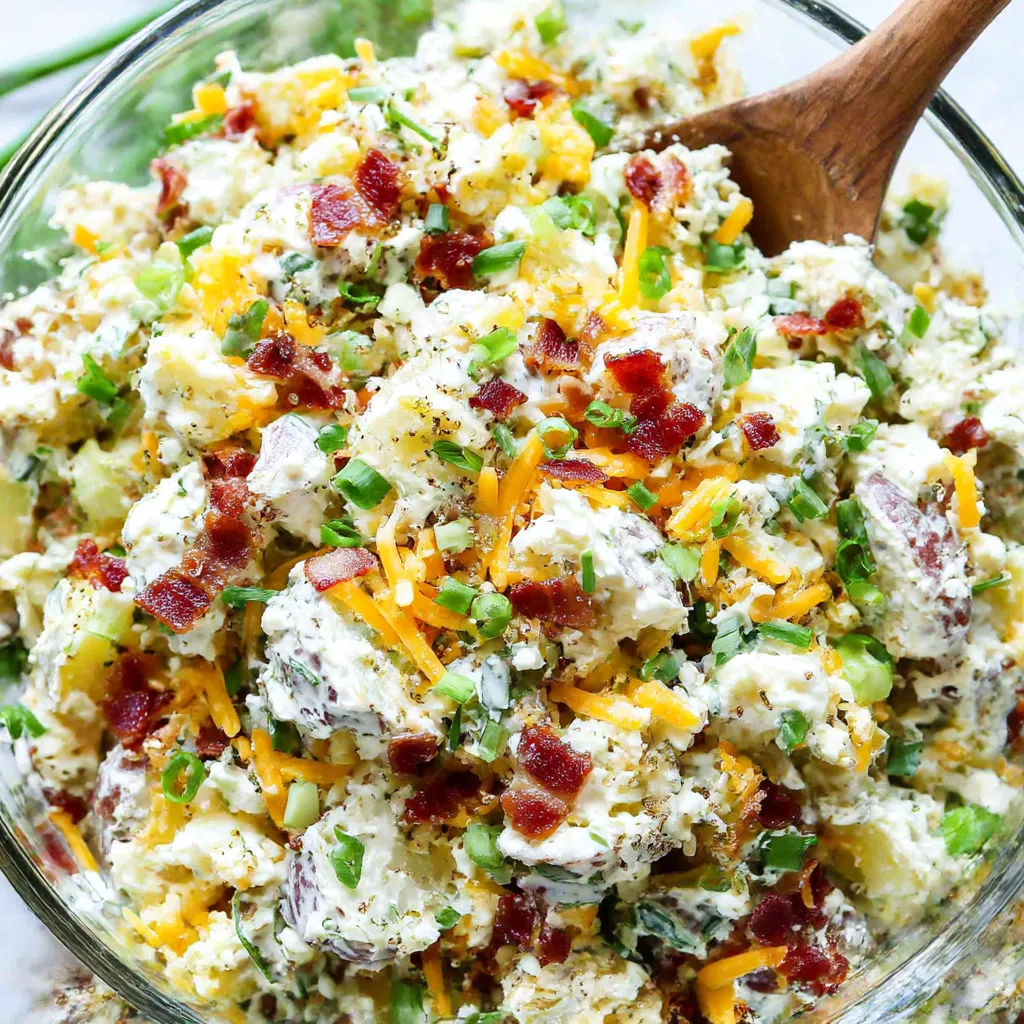 A bowl of loaded baked potato salad.