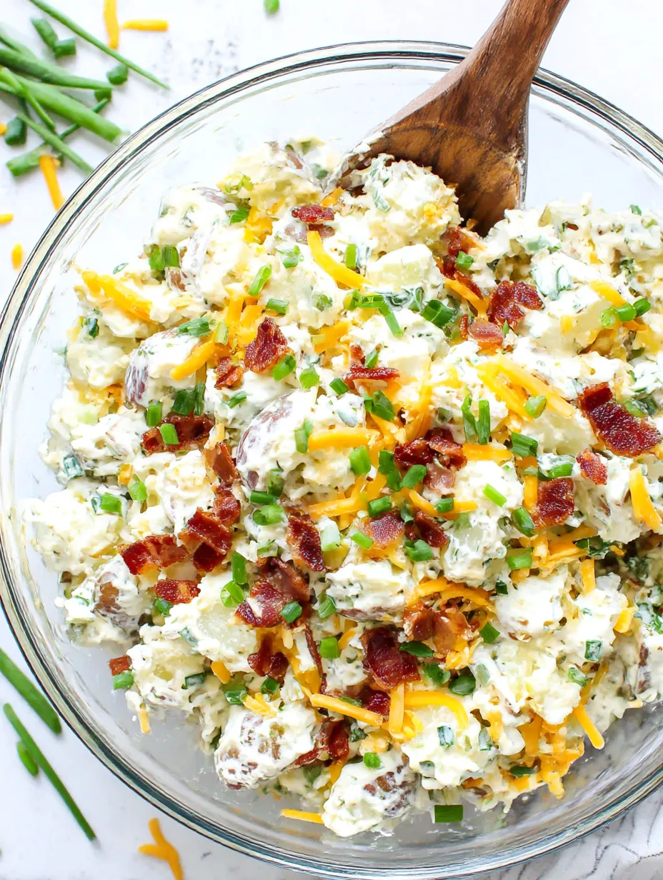 A loaded baked potato salad with bacon and cheese.