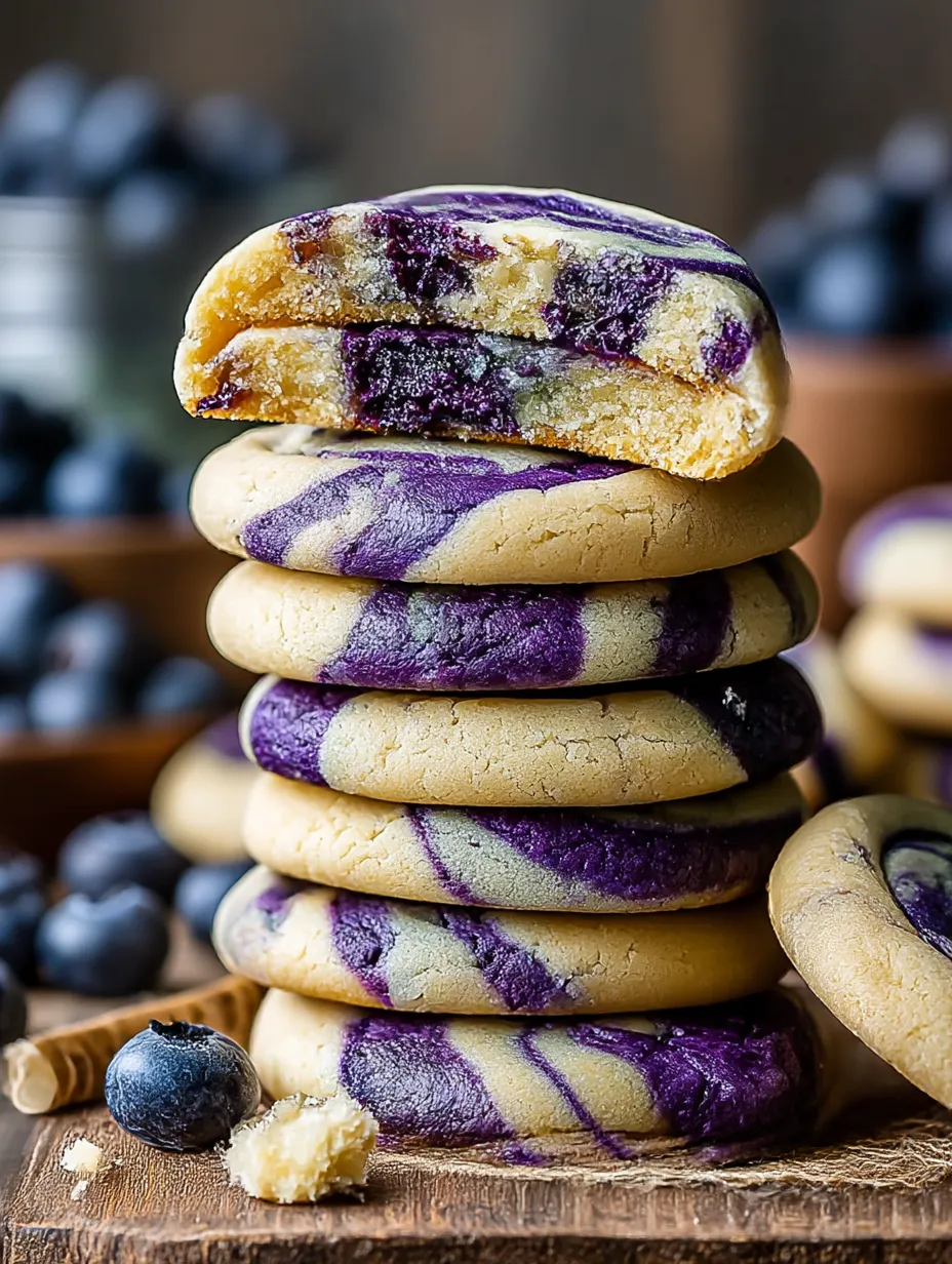 A stack of blueberry cheesecake swirl cookies.