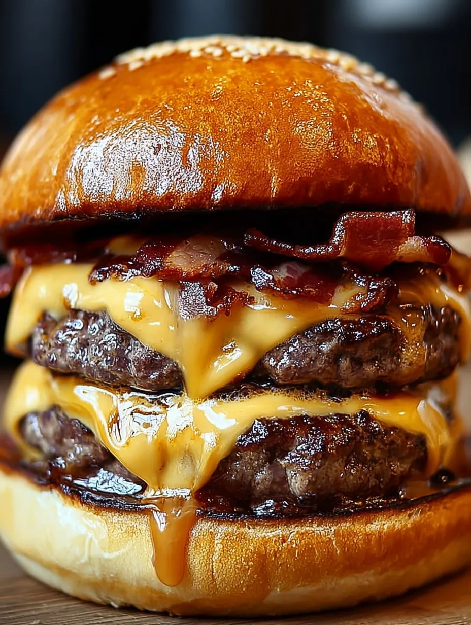 A close up of a burger with bacon on top.
