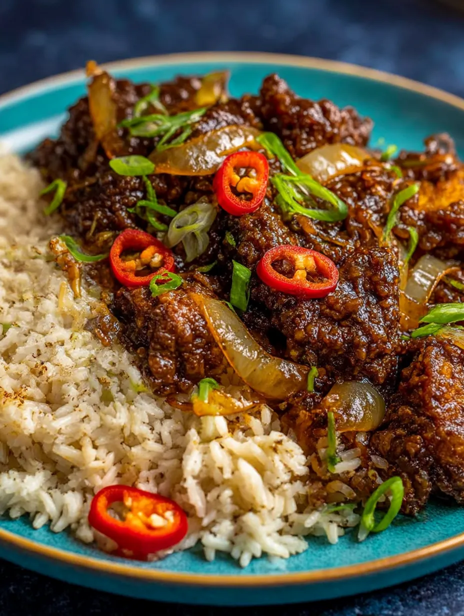 A plate of crispy chilli beef with rice.