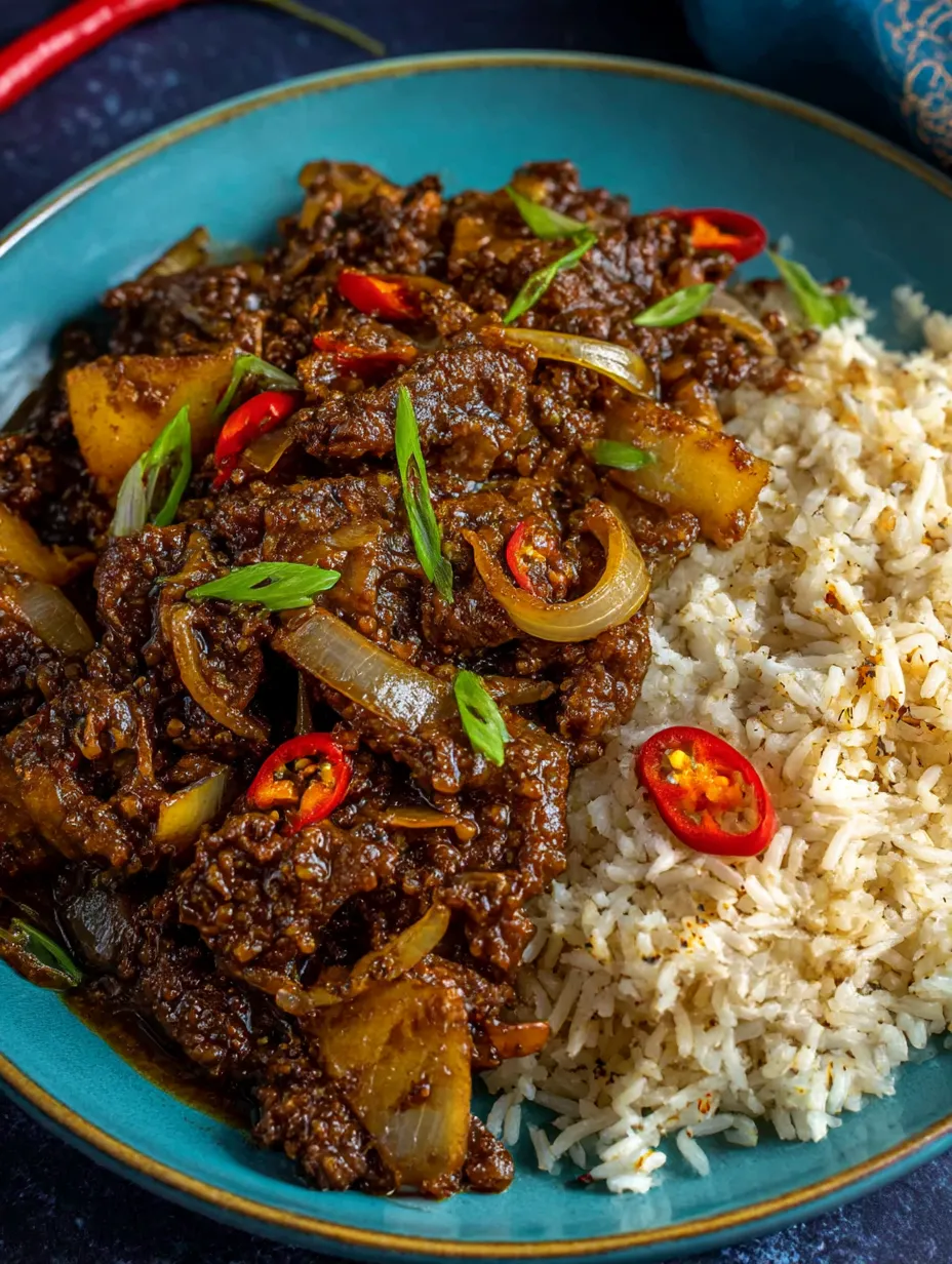 A plate of crispy chilli beef with rice.