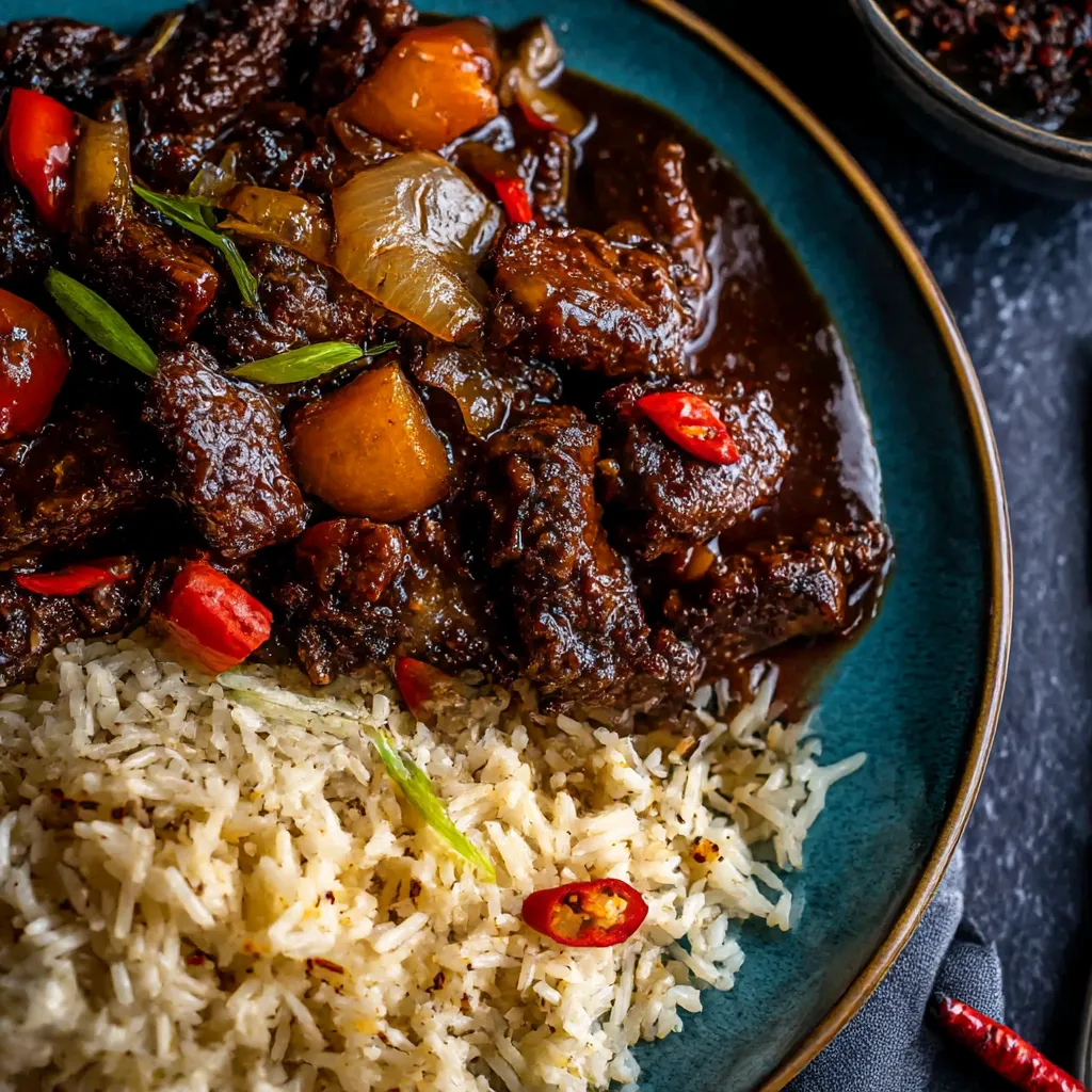 A plate of crispy chilli beef with rice.