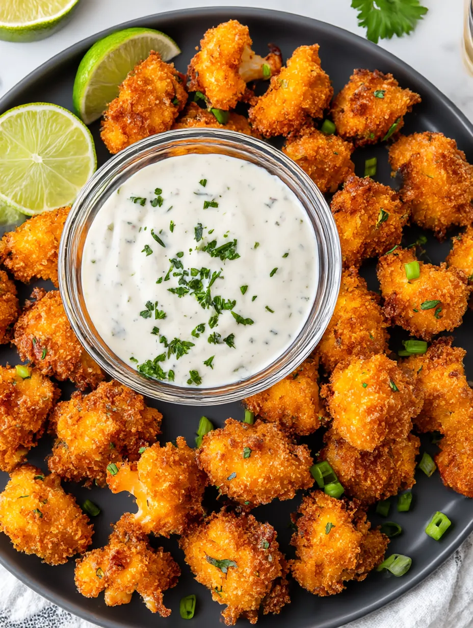 A bowl of cauliflower with a dipping sauce.