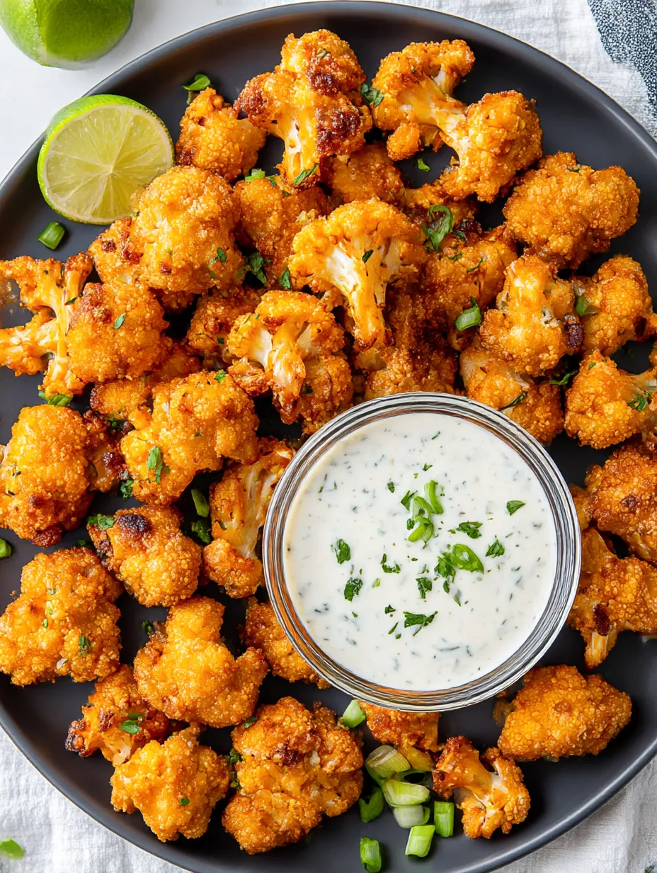 A plate of cauliflower with a dipping sauce.
