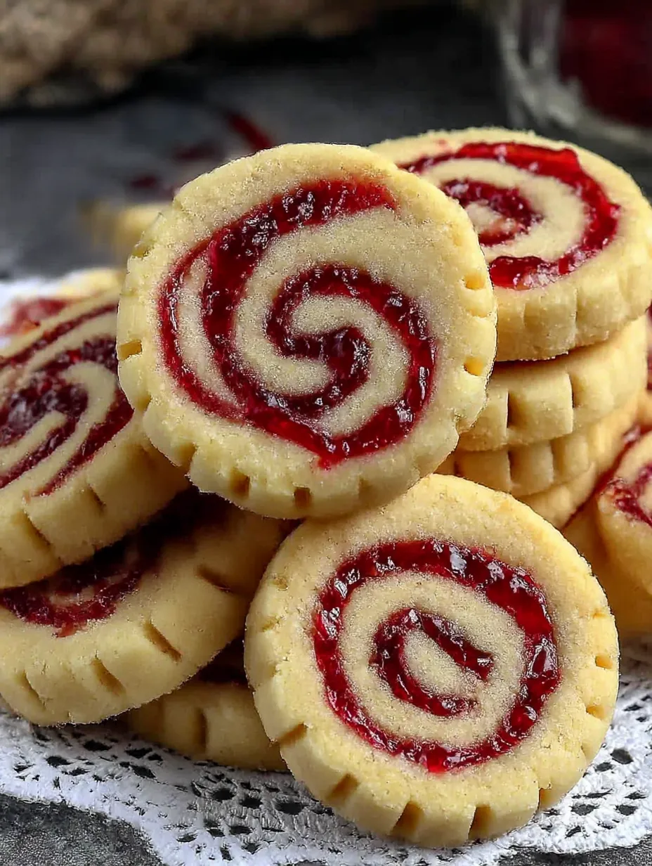 A stack of raspberry swirl shortbread cookies.