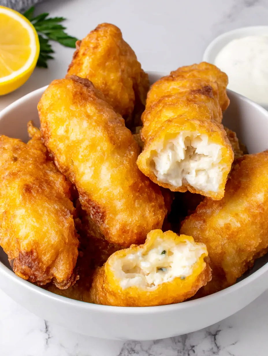 A bowl of beer-battered halibut with tartar sauce.