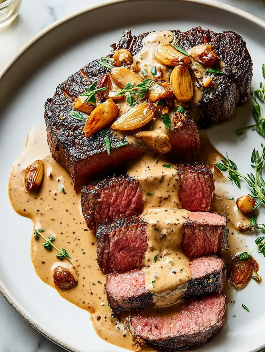 A plate of steak with bourbon garlic cream sauce.