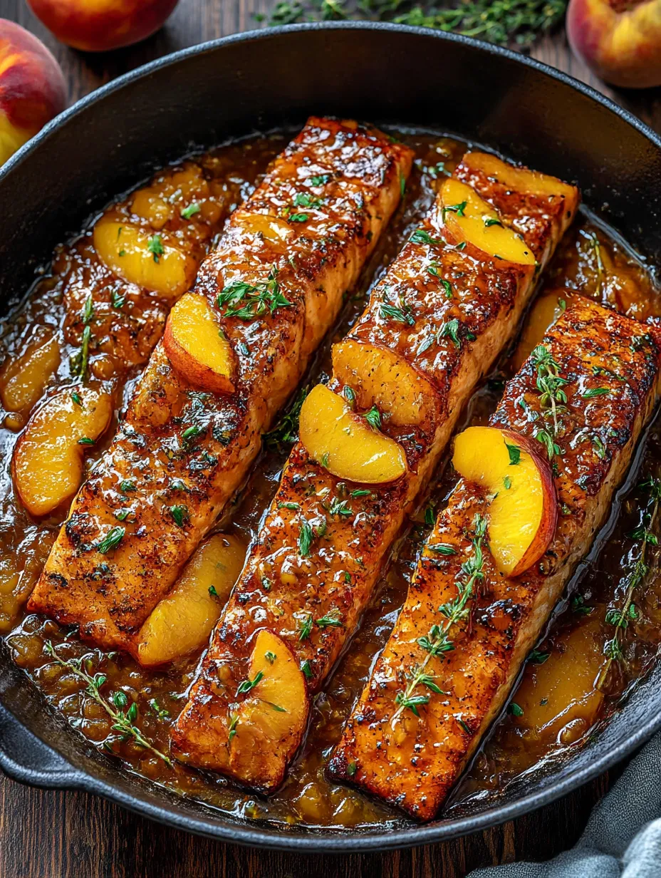 A dish of bourbon peach roasted salmon.