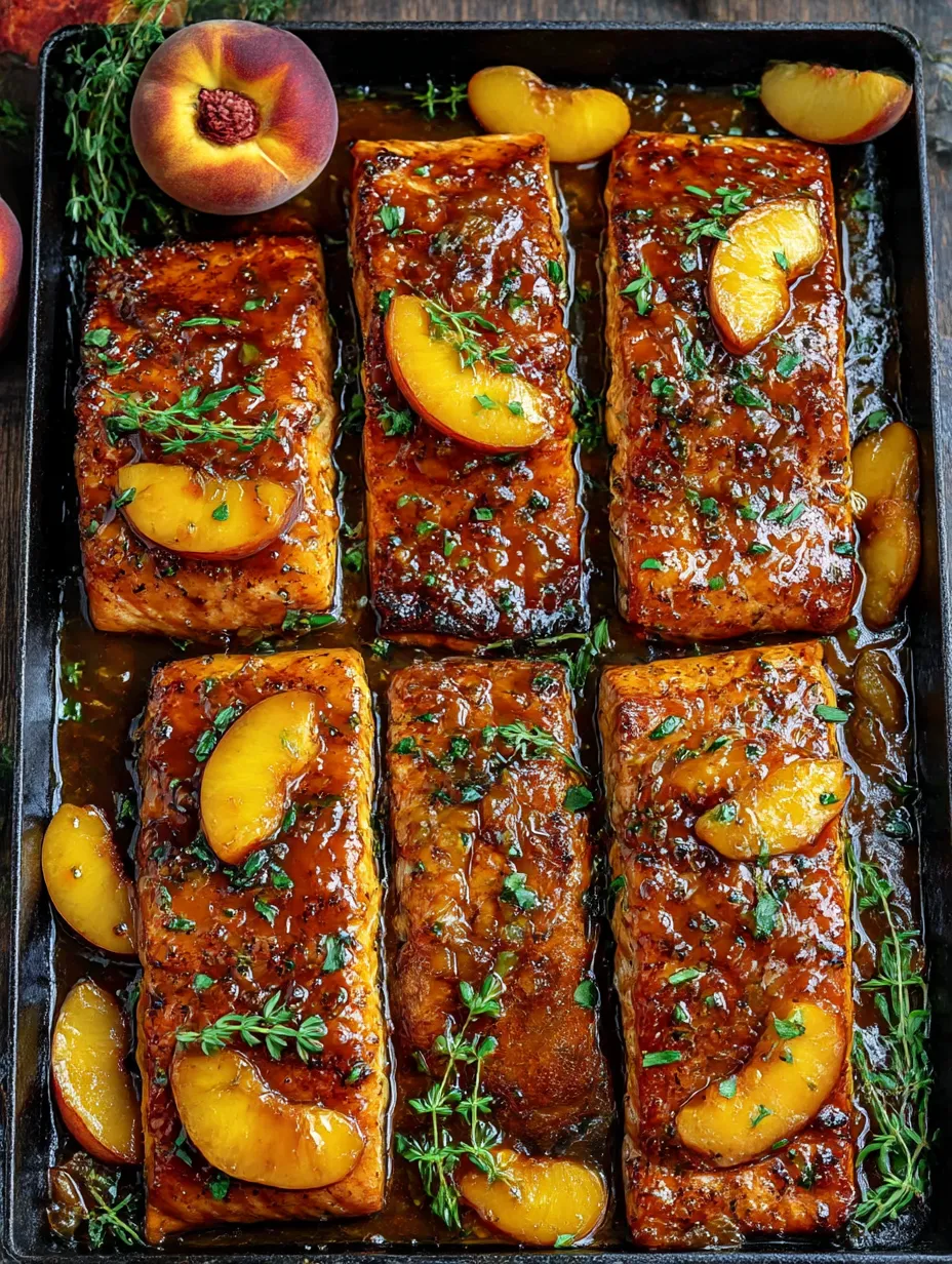 A pan of bourbon peach roasted salmon.