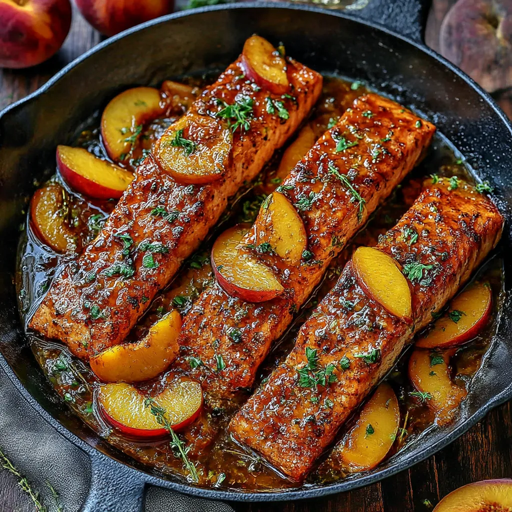 A pan of bourbon peach roasted salmon.