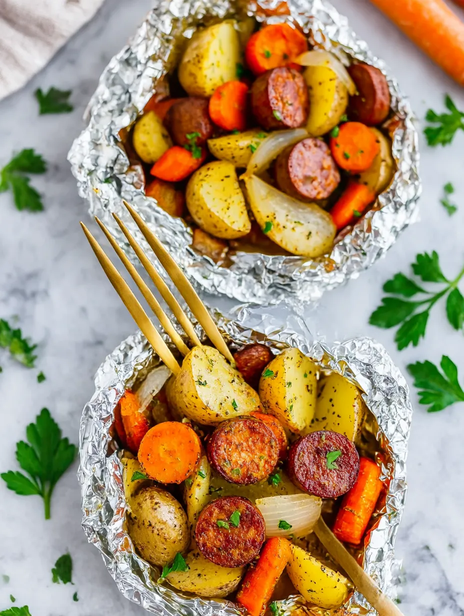 Two foil packets filled with potatoes, carrots, and sausage.