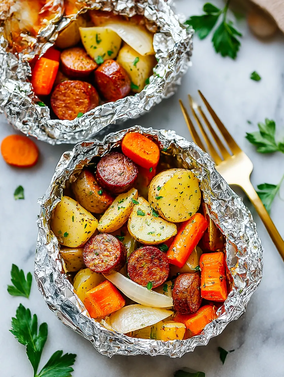 Two foil packets filled with sausage, potatoes, and carrots.