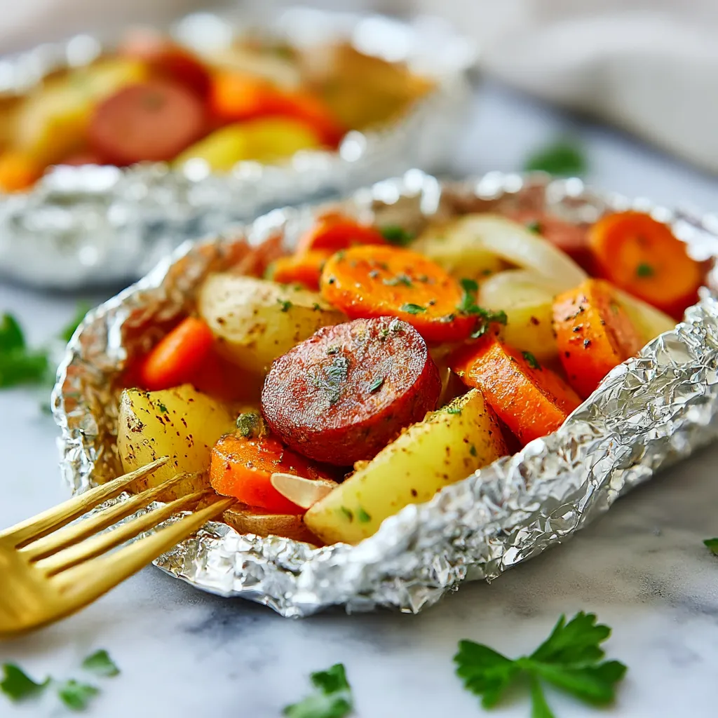 Two foil packets filled with sausage and carrots.