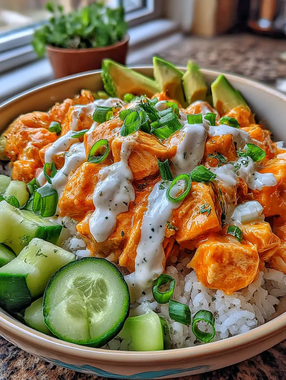 A rice bowl with chicken, cucumbers, and avocado.