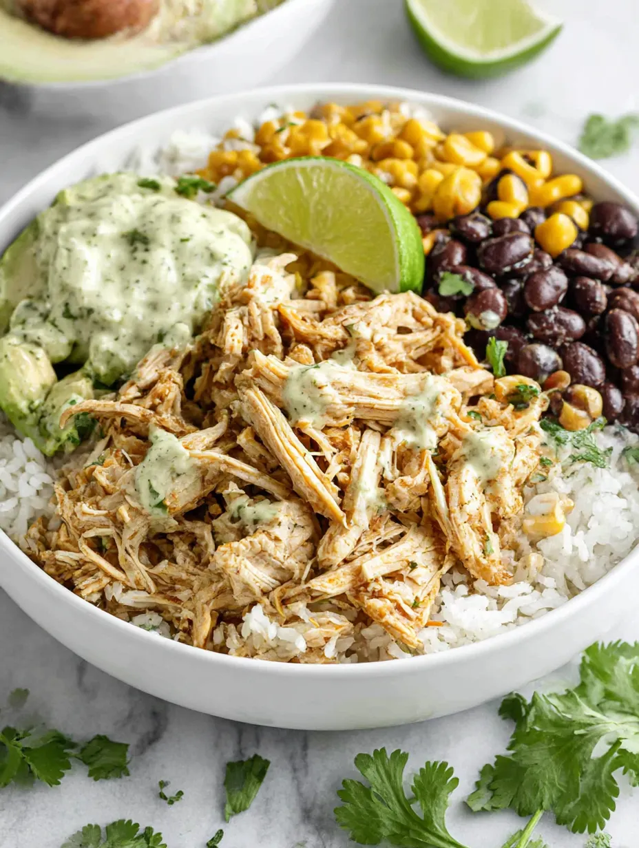 A bowl of food with rice, beans, and chicken.