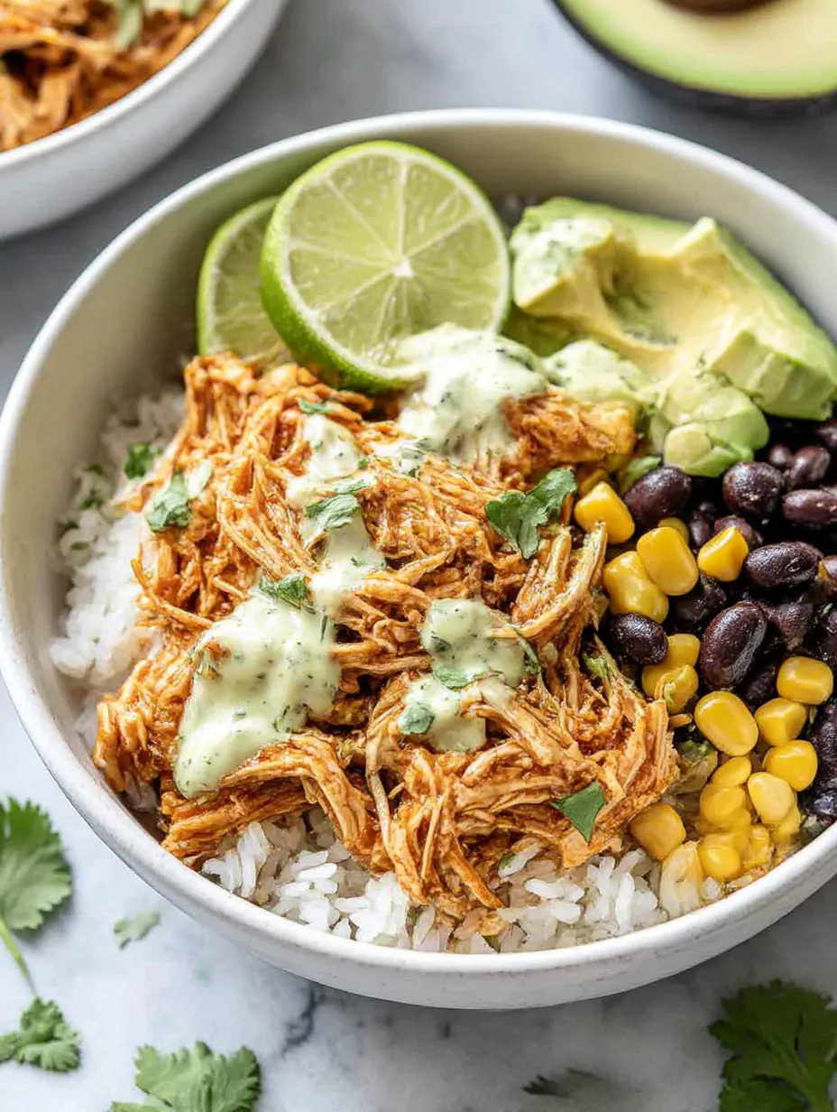 A bowl of food with rice, chicken, lime, and avocado.