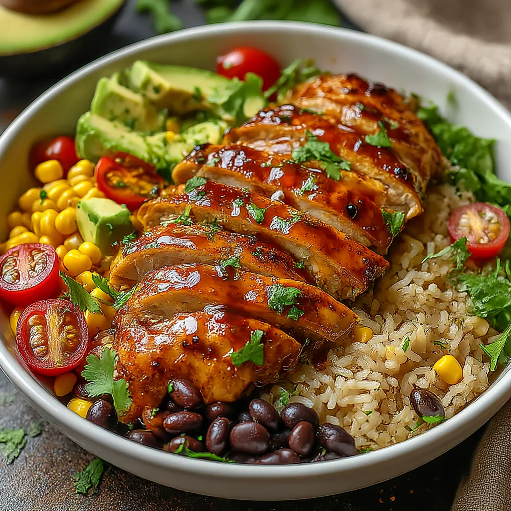 A bowl of food with chicken, rice, and vegetables.