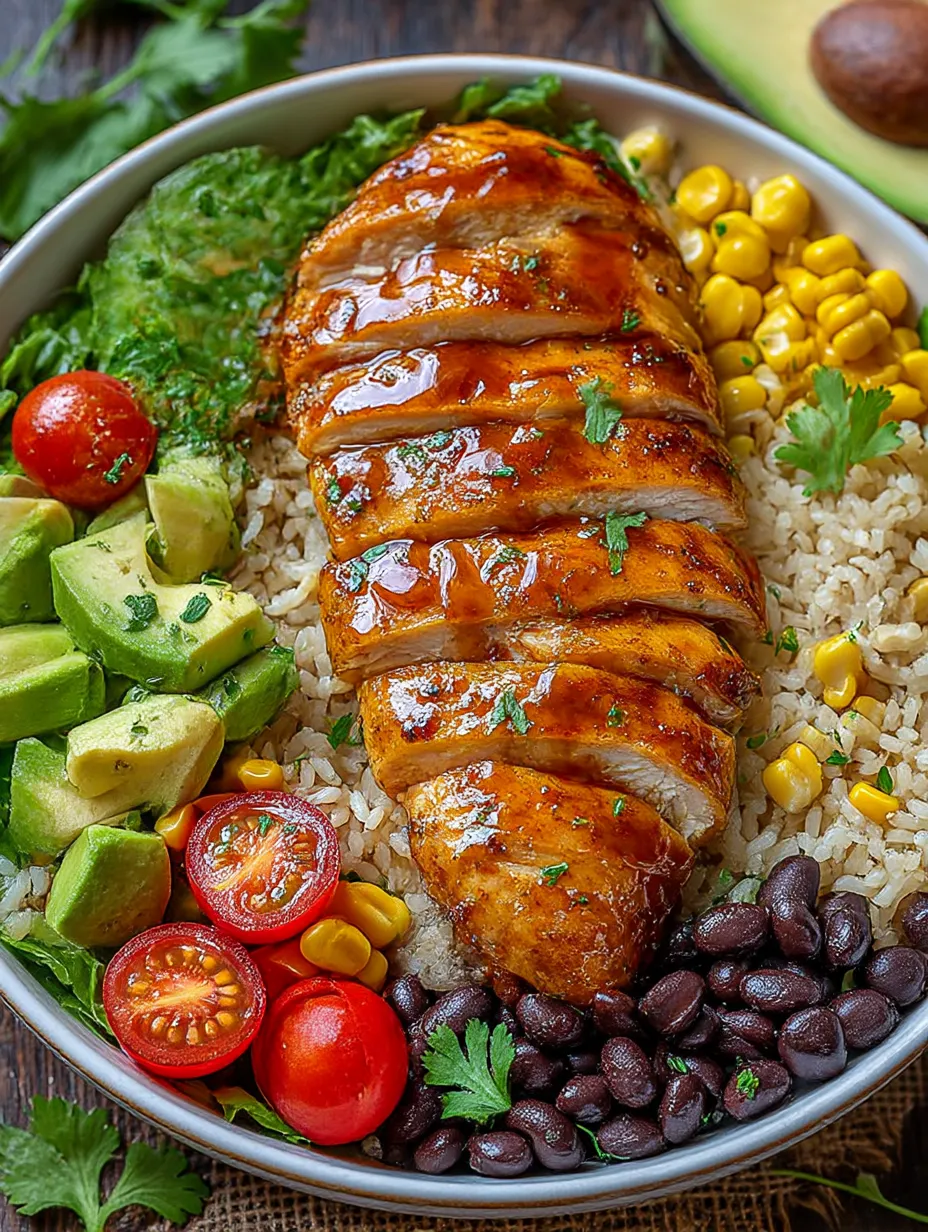 A plate of food with rice, chicken, tomatoes, corn, and avocado.