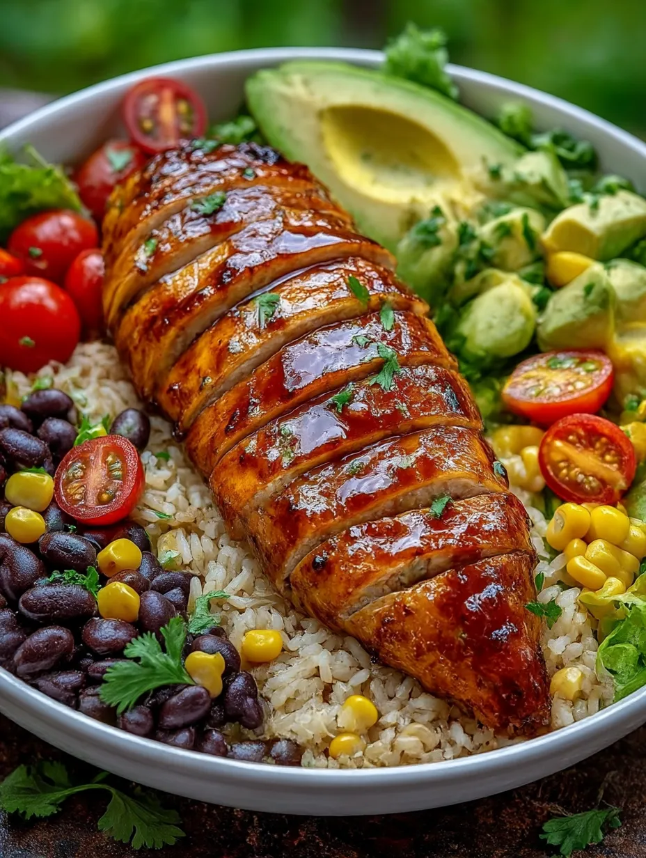 A bowl of rice with chicken and vegetables.