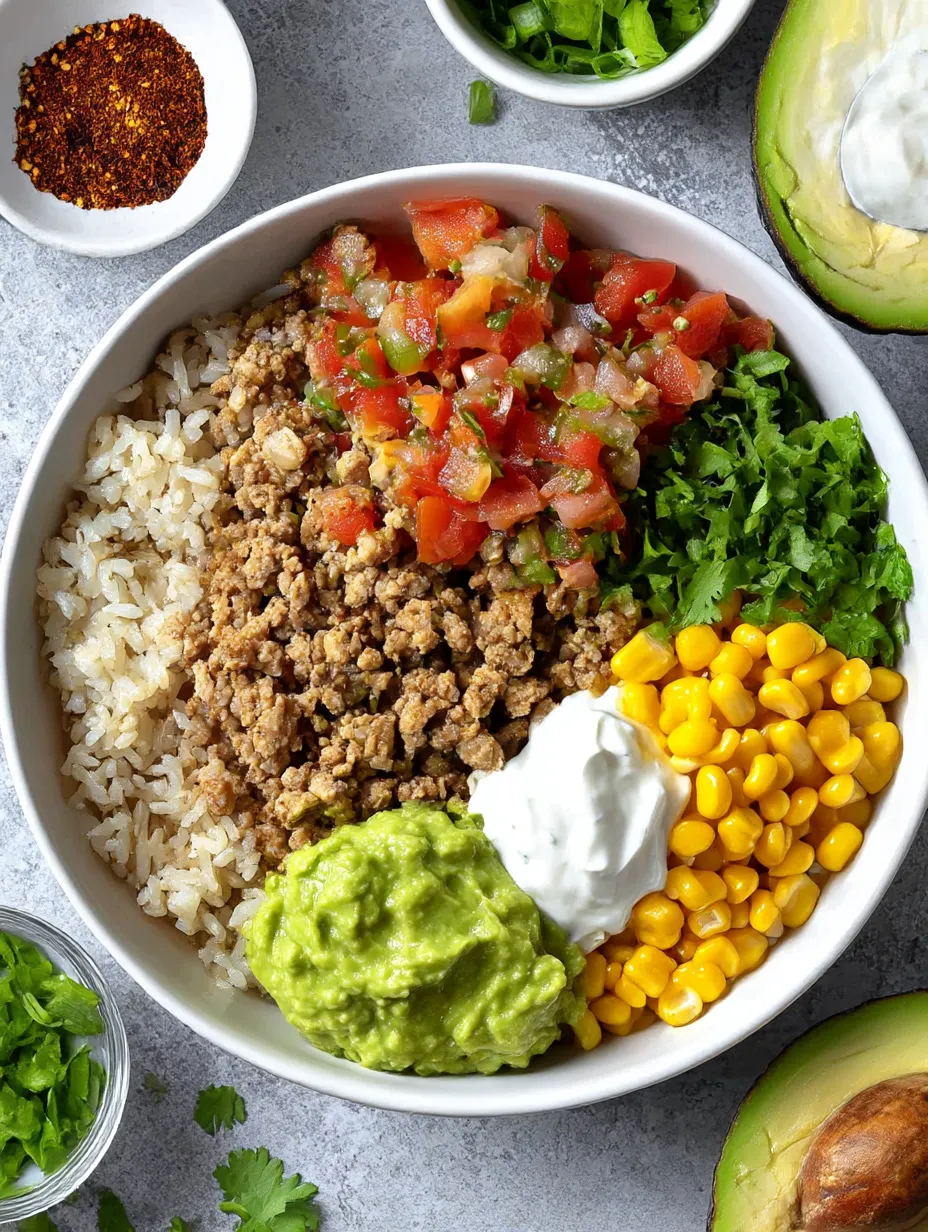 A bowl of food with rice, tomatoes, corn, and guacamole.